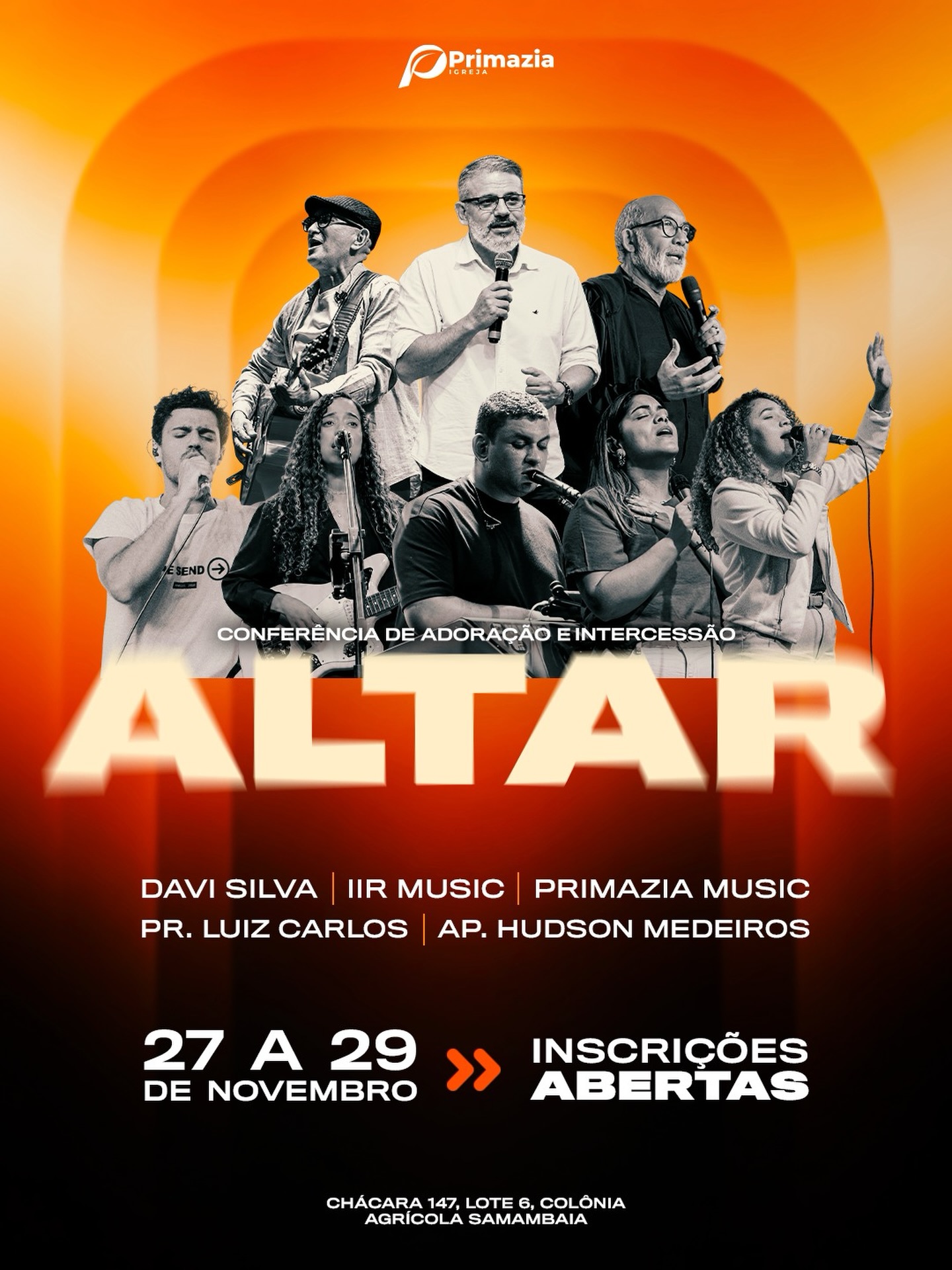 Cartaz oficial da Conferência Altar: Davi Silva, IIR Music, Primazia Music, Pr. Luiz Carlos e Ap. Hudson Medeiros. 27 a 29 de novembro.